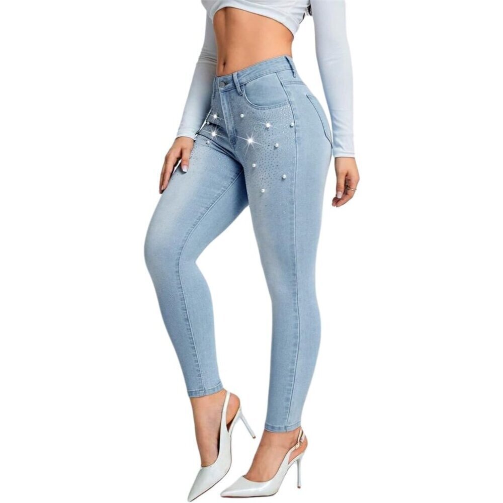 Women's Rhinestone Low Rise Skinny Jeans Stretch Denim Ankle Pants